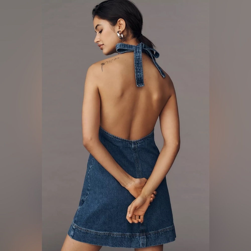 NWT Reformation Brittany Halter Denim Mini Dress - Picture 2 of 6